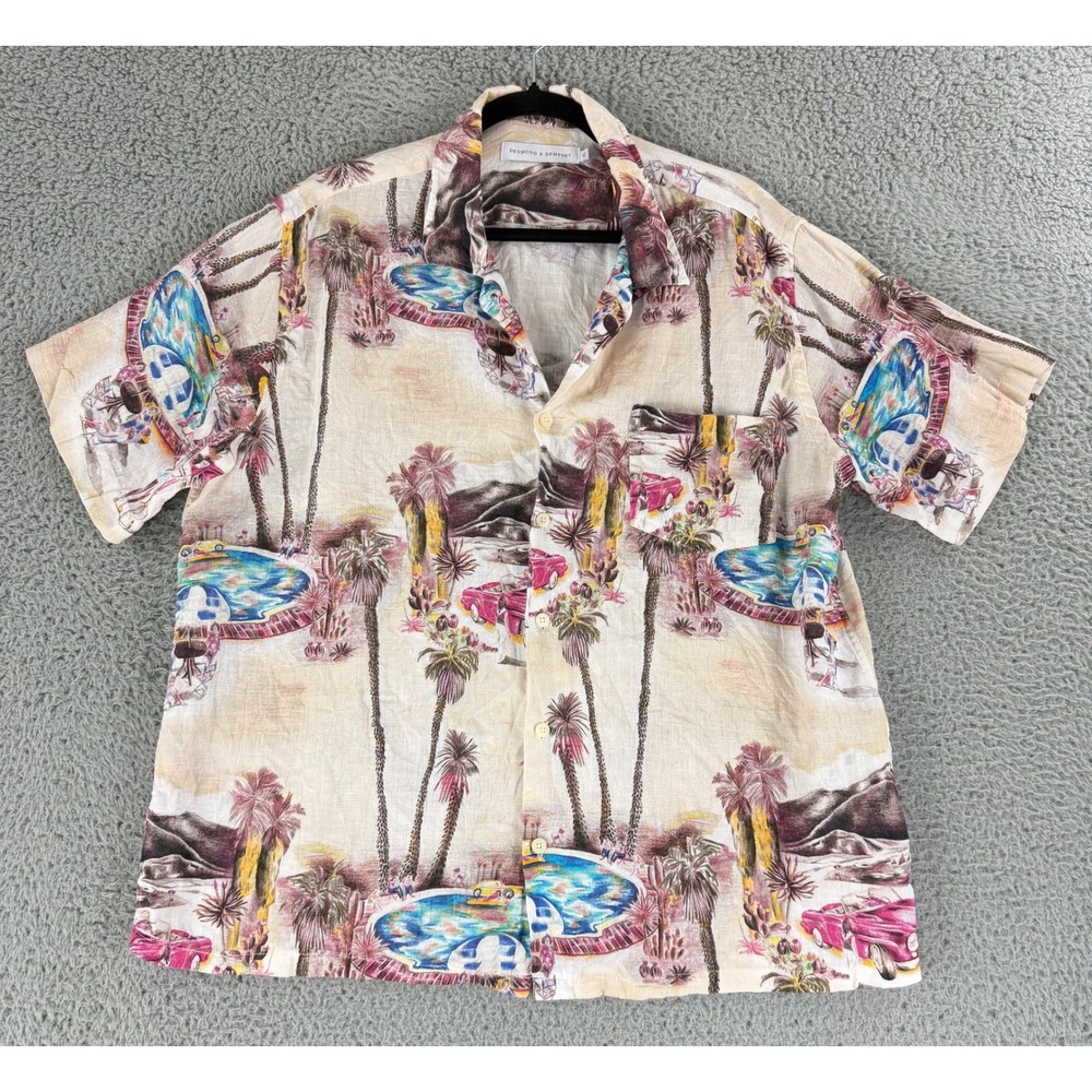 Desmond & Dempsey Boca Print 100% Linen Camp Collar Shirt Mens XL Beige Button